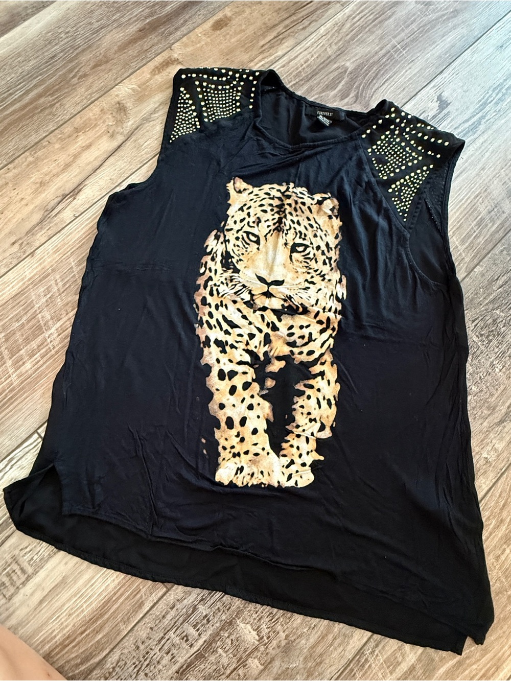 Forever 21 Black Tank with Leopard Graphic and Gold Studs
